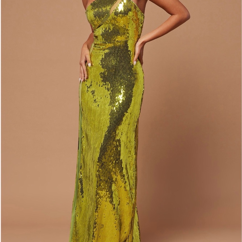 Fashion Nova One Shoulder Shimmering Gold Dress